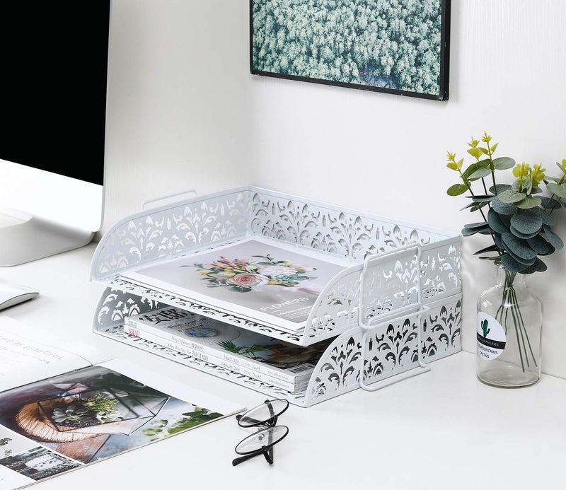PAG 2 Tier Desktop File Organizer Metal Stackable Letter Tray Paper Holder Rack for Desk, White - Image 5